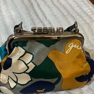 Guess Silk Floral Frame Clutch in Green, Navy, Yellow and Cream